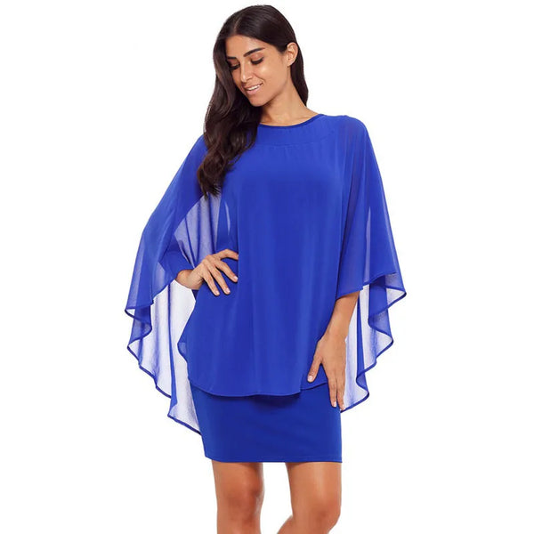 Chiffon Dress Women Casual Fashion Fake Two Pieces Batwing Sleeve O-Neck