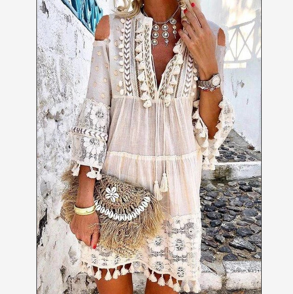 Inspired New Design 2022 Boho Hollow Out Short Dress Women Tassel Floral